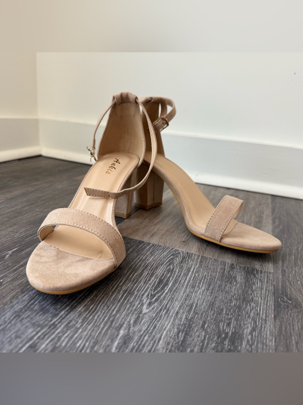 Suede Ankle-Strap Block Heels in Beige/Nude